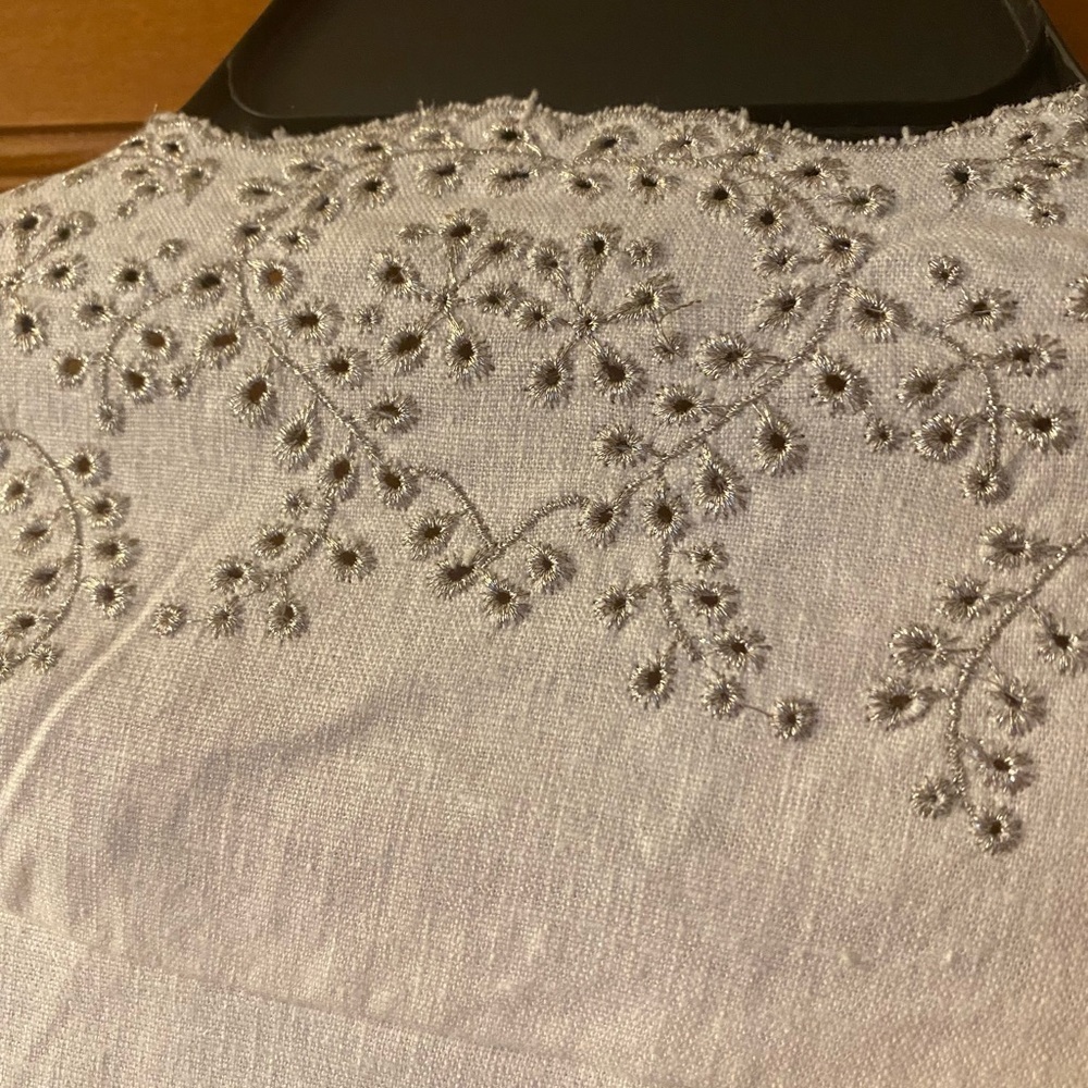 SUSAN GRAVER STYLE White Silver Metallic Eyelet Jacket Blazer Linen Blend Medium - Picture 6 of 8